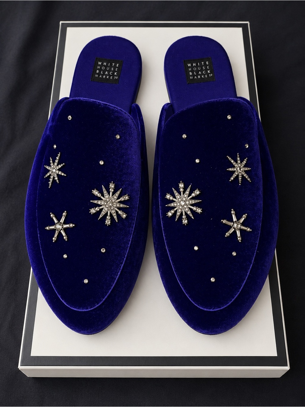 White House Black Market Women's Jewel-Embellished Velvet Mules in Royal Blue